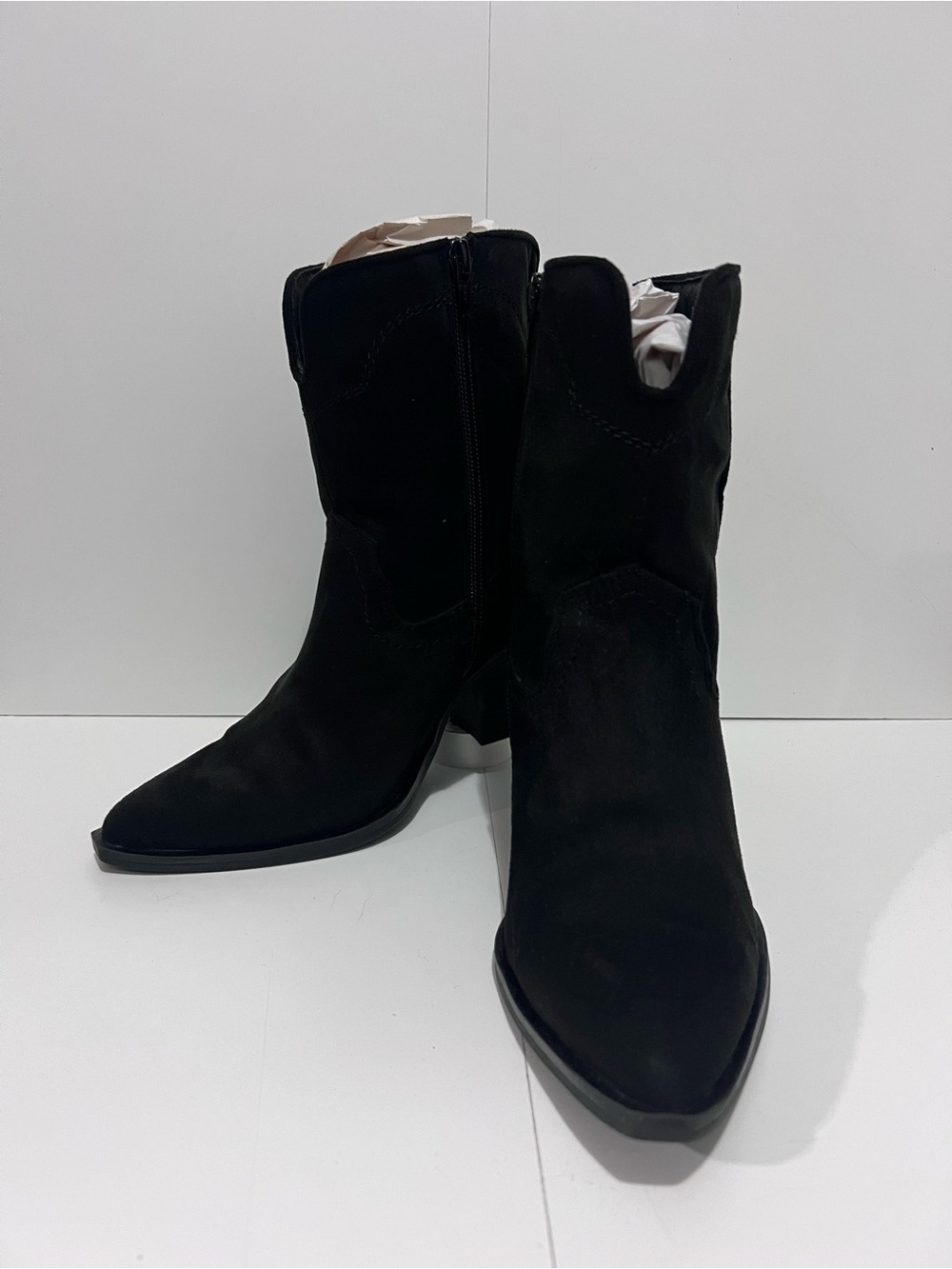 Mid Calf Black Western Faux Suede Boots